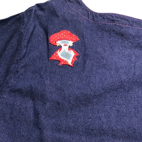 Vintage H & J Jean Dress 2XL Purple Tint Denim 2 Pockets Red Lady Hat Shoe Patch - Picture 8 of 12